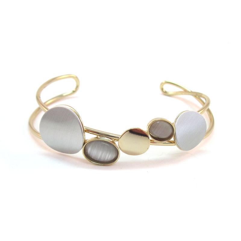 Shiny Gold and Light Grey Cats Eye Cuff Bracelet - Click Image to Close